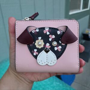 Kate Spade New York Pink Floral 3D Pup Small L-zip Bifold Wallet
